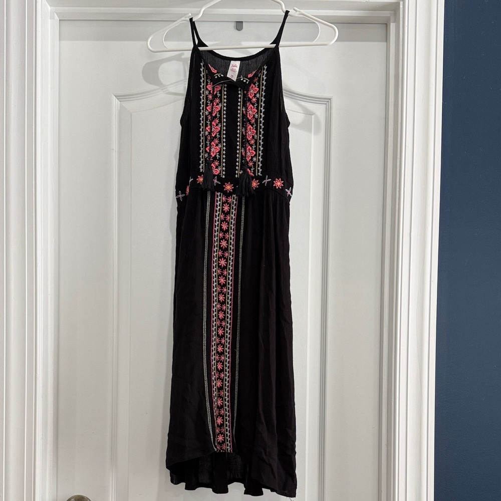 Justice Black Midi Dress with Pink Embroidered Floral Trim